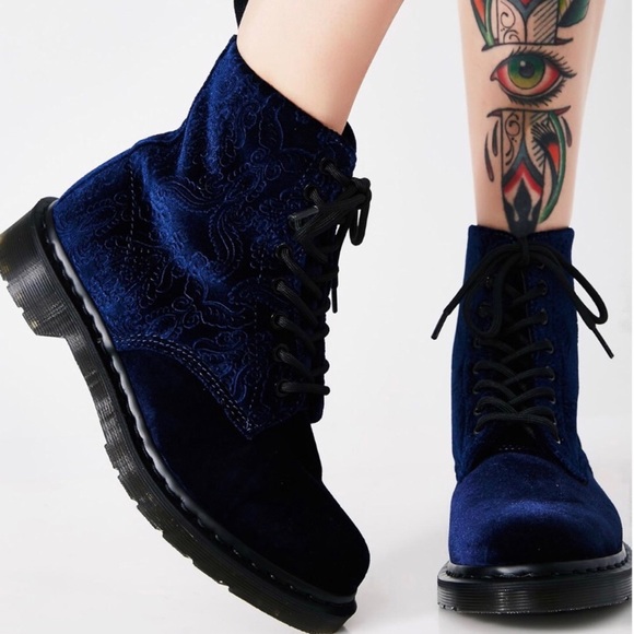 New Dr. Martens Blue Velvet Brocade Boots - Picture 2 of 5